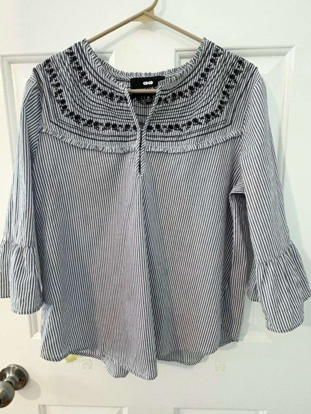 Cottagecore Coco Colette coquette Embroidered Stripe coastal Blouse  navy